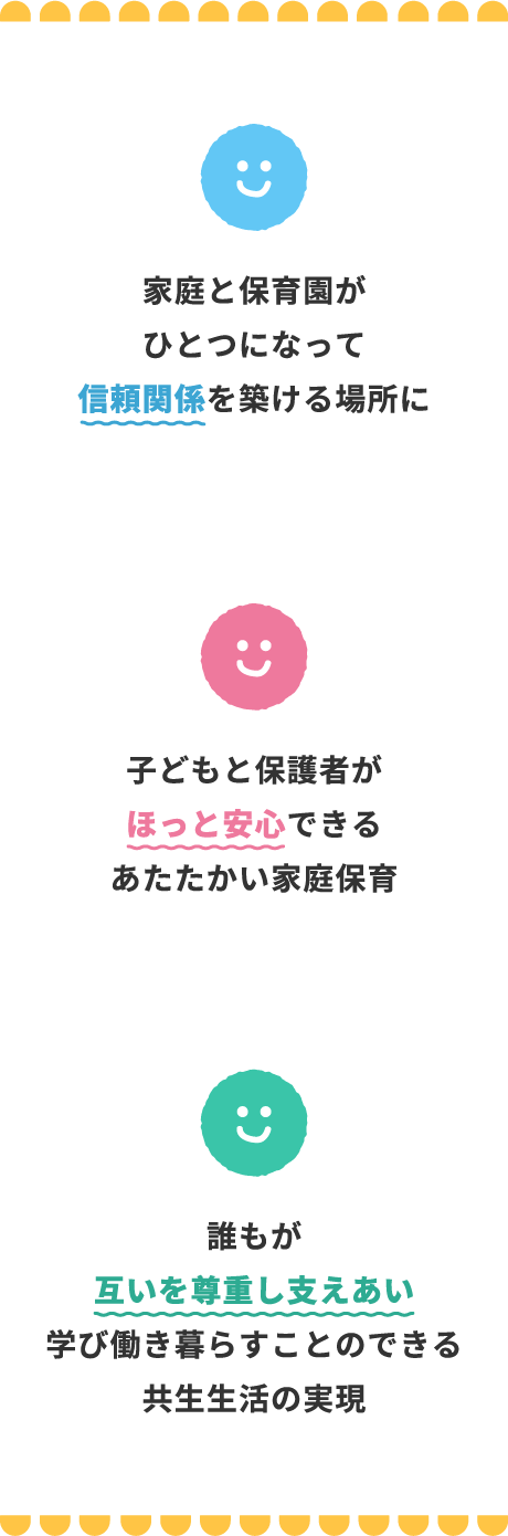 1.家庭と保育所がひとつになって信頼関係を築ける場所に 2.子どもと保護者がほっと安心できるあたたかい家庭保育 3.誰もが互いを尊重し支えあい学び働き暮らすことのできる共生生活の実現