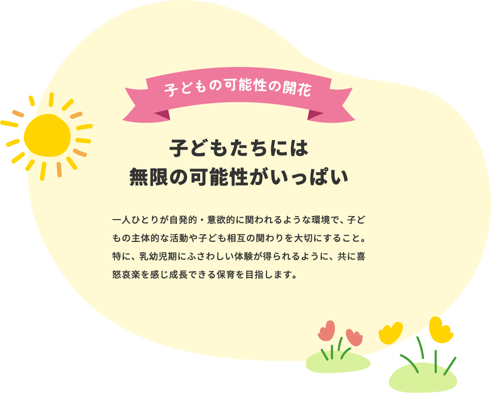 子どもの可能性の開花 子どもたちには無限の可能性がいっぱい 一人ひとりが自発的・意欲的に関われるような環境で、子どもの主体的な活動や子ども相互の関わりを大切にすること。特に、乳幼児期にふさわしい体験が得られるように、共に喜怒哀楽を感じ成長できる保育を目指します。